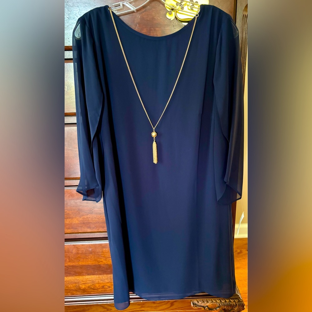 ‼️SALE-SALE-SALE‼️ Navy dressy, formal,dress sheer sleeves&detachable necklace.